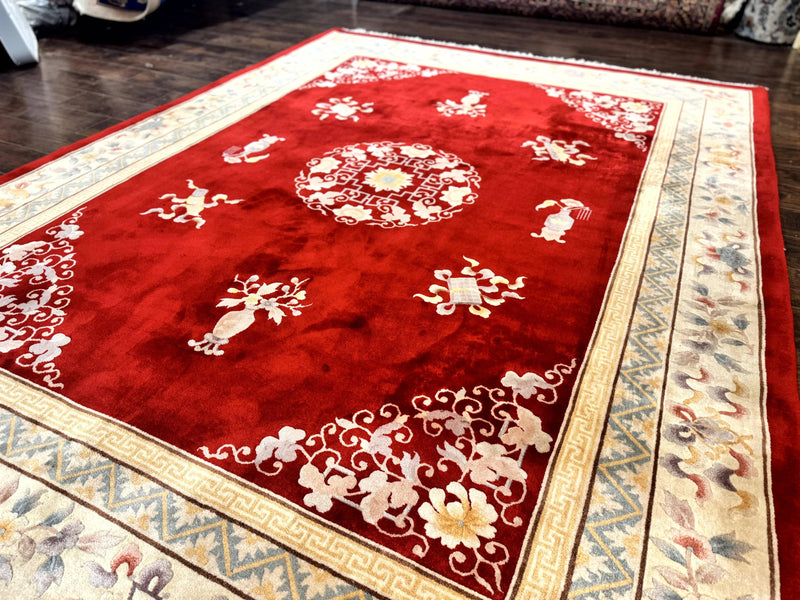 Chinese Wool Rug 8.6 x 11, Red and Beige Asian Oriental Carpet, Plush Pile, Vintage Handmade Chinese Carving Sculpted Rug, Semi Open Field by Jewel Rugs