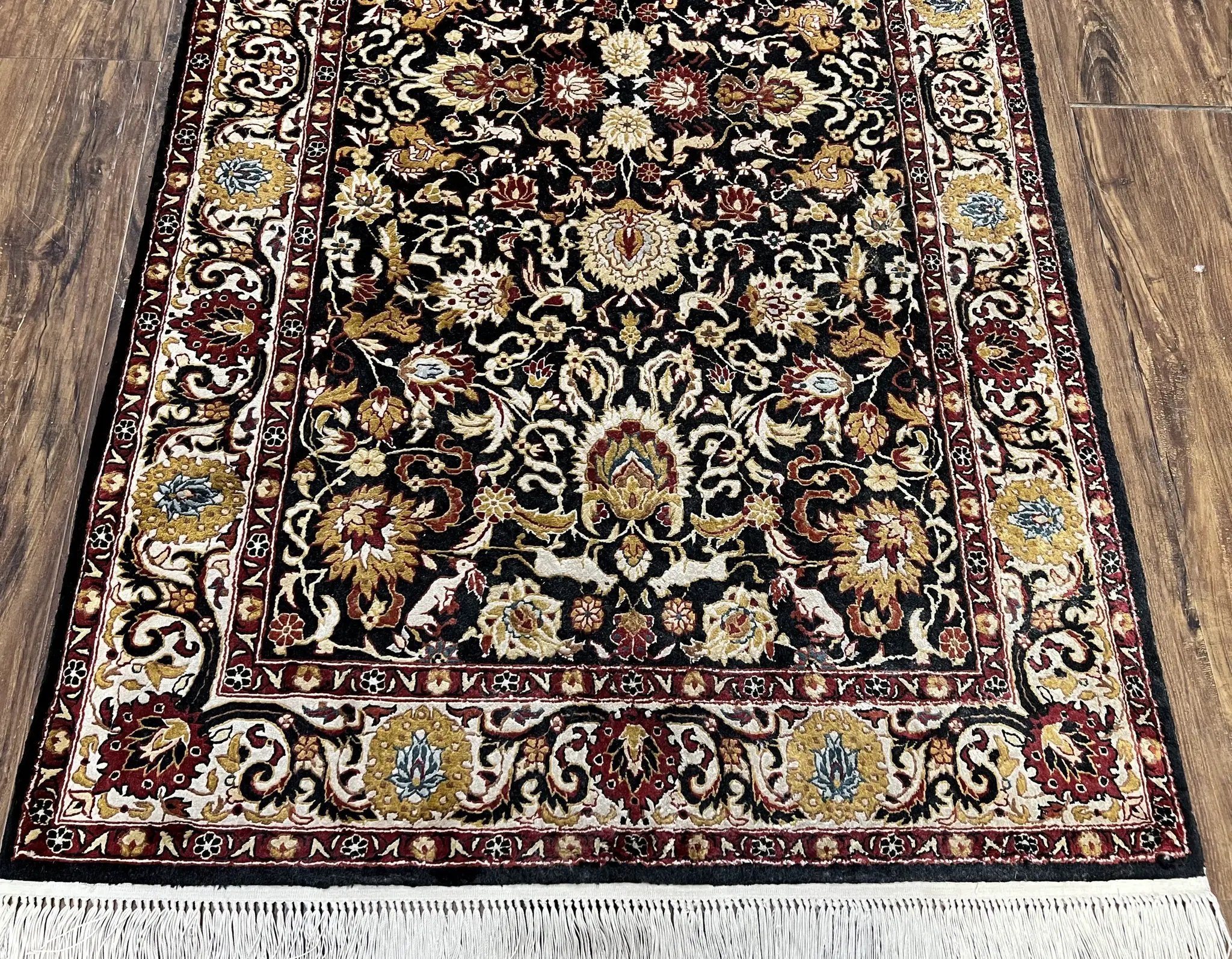 Sino Persian Silk Rug 3x5 Oriental Carpet 3 x 5 Fine Silk Rug, Black Ivory Gold, Animal Motifs, Flowers, High Quality, Vintage Silk Rug Wow by Jewel Rugs