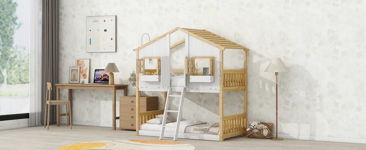 House Bunk Bed With Roof, Window, Window Box, Door, With Safety Guardrails And Ladder by Unique Piece Furniture