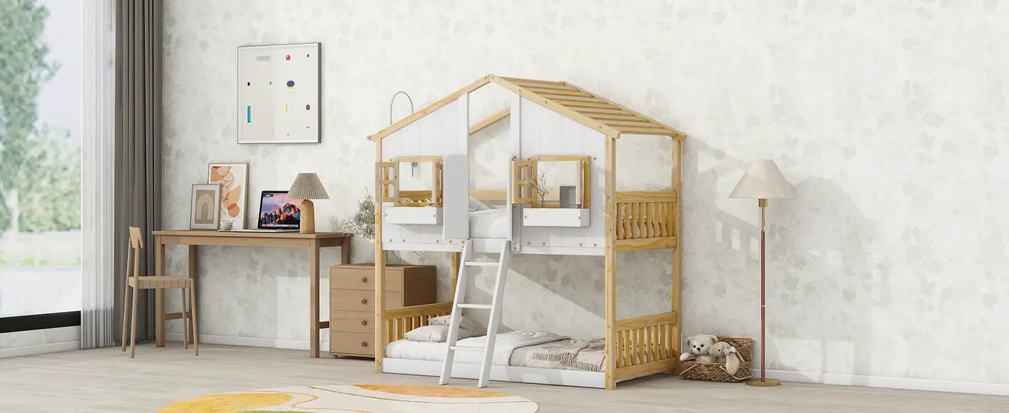 House Bunk Bed With Roof, Window, Window Box, Door, With Safety Guardrails And Ladder by HouseOfZazla