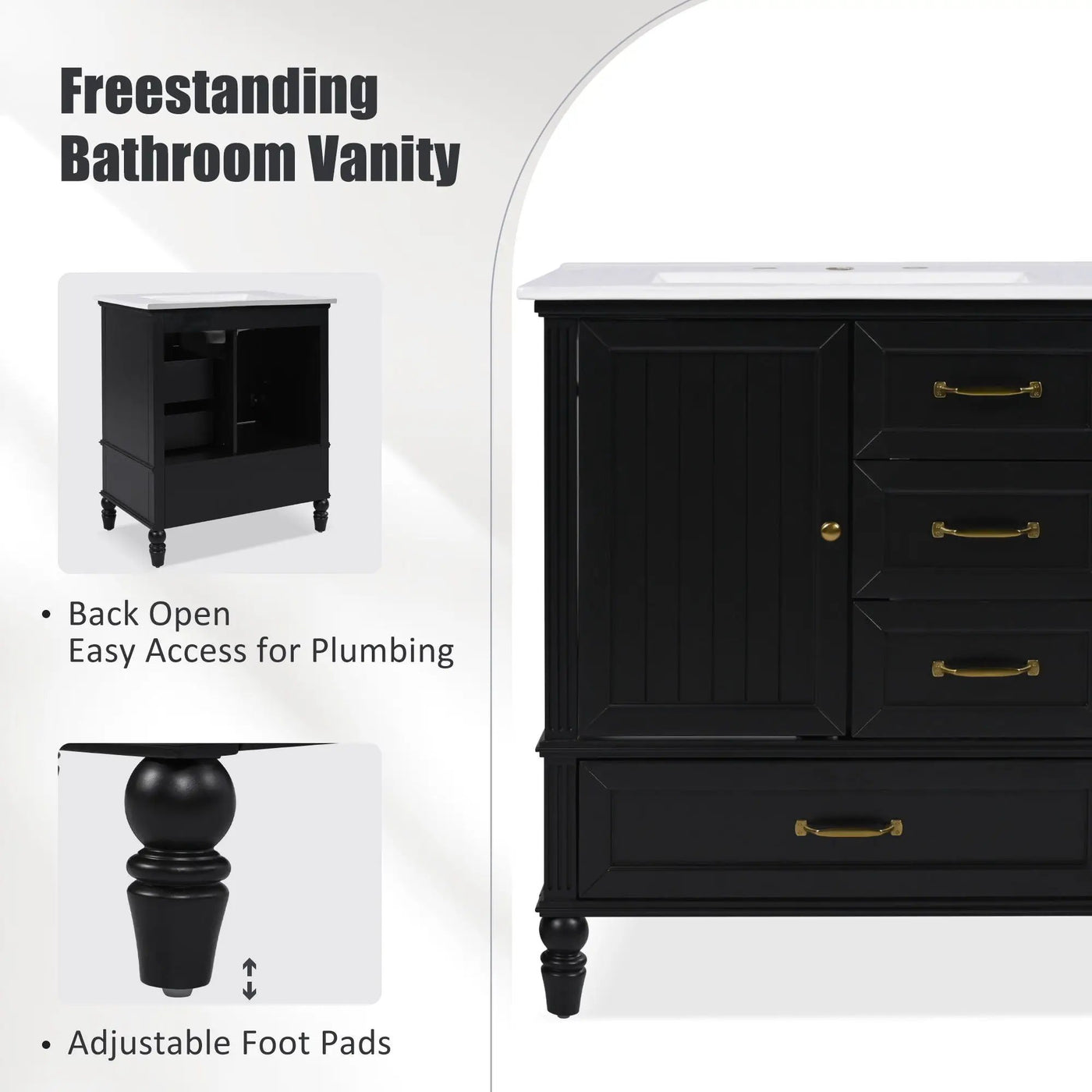 30" Bathroom Vanity With Sink, 3 Drawers, Adjustable Feet by HouseOfZazla