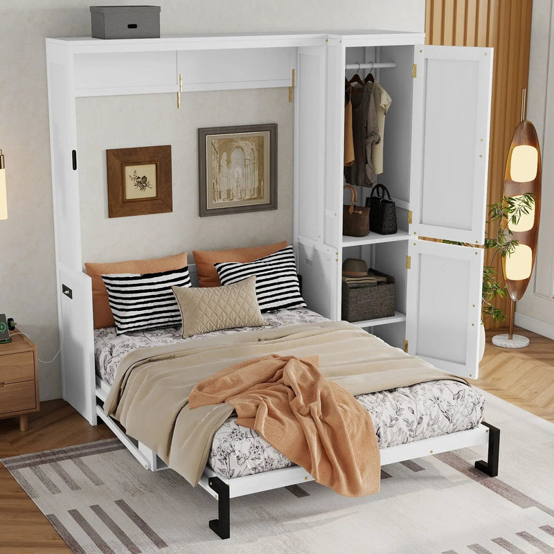 Queen Size Murphy Bed With Wardrobe, Space-Saving Hidden Wall Bed With Desk And Charging Station - White by Unique Piece Furniture