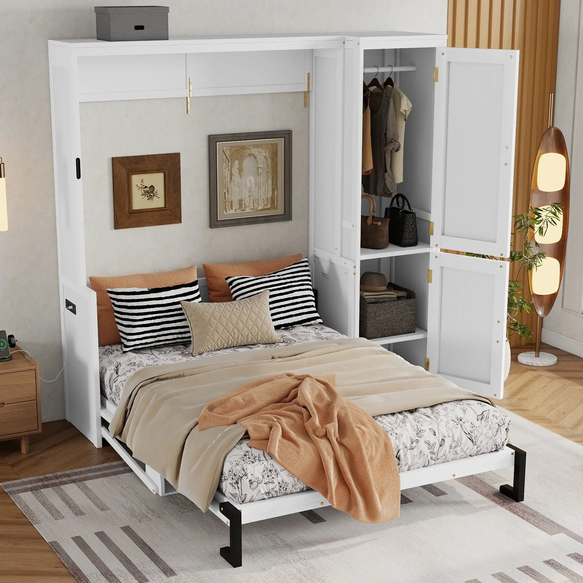 Queen Size Murphy Bed With Wardrobe, Space-Saving Hidden Wall Bed With Desk And Charging Station - White