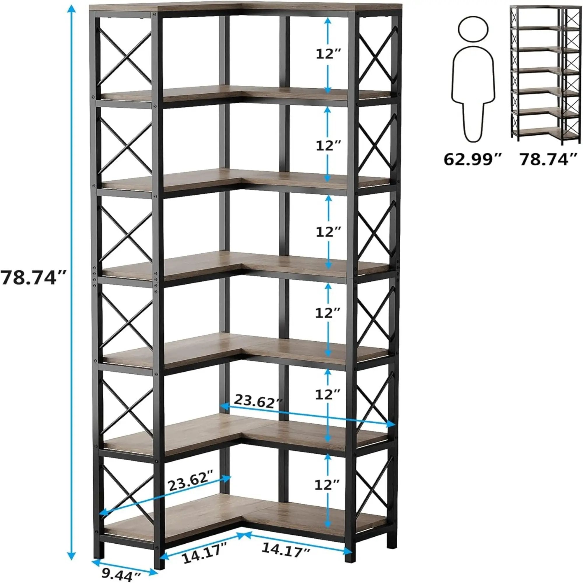 7 Tier Corner Bookshelf, Storage Unit For Living Room