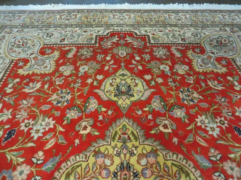Vintage Persian Tabriz Rug 9x12, Tabatabaie Rug 9x12 Carpet, Handmade Hand Knotted Wool Area Rug, Tomato Red Beige, Medallion Rug, Floral by Jewel Rugs