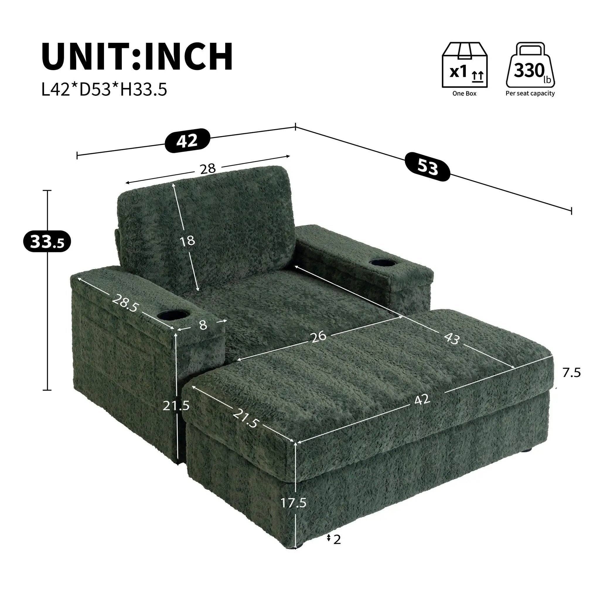 Oversized Chaise Lounge Indoor Rabbit Fur Sofa Bed With Storage Ottoman And Armrests Cup Holders With Deep Seat by HouseOfZazla