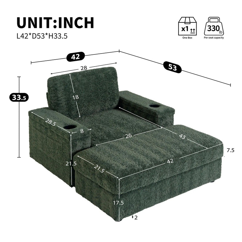 Oversized Chaise Lounge Indoor Rabbit Fur Sofa Bed With Storage Ottoman And Armrests Cup Holders With Deep Seat by HouseOfZazla
