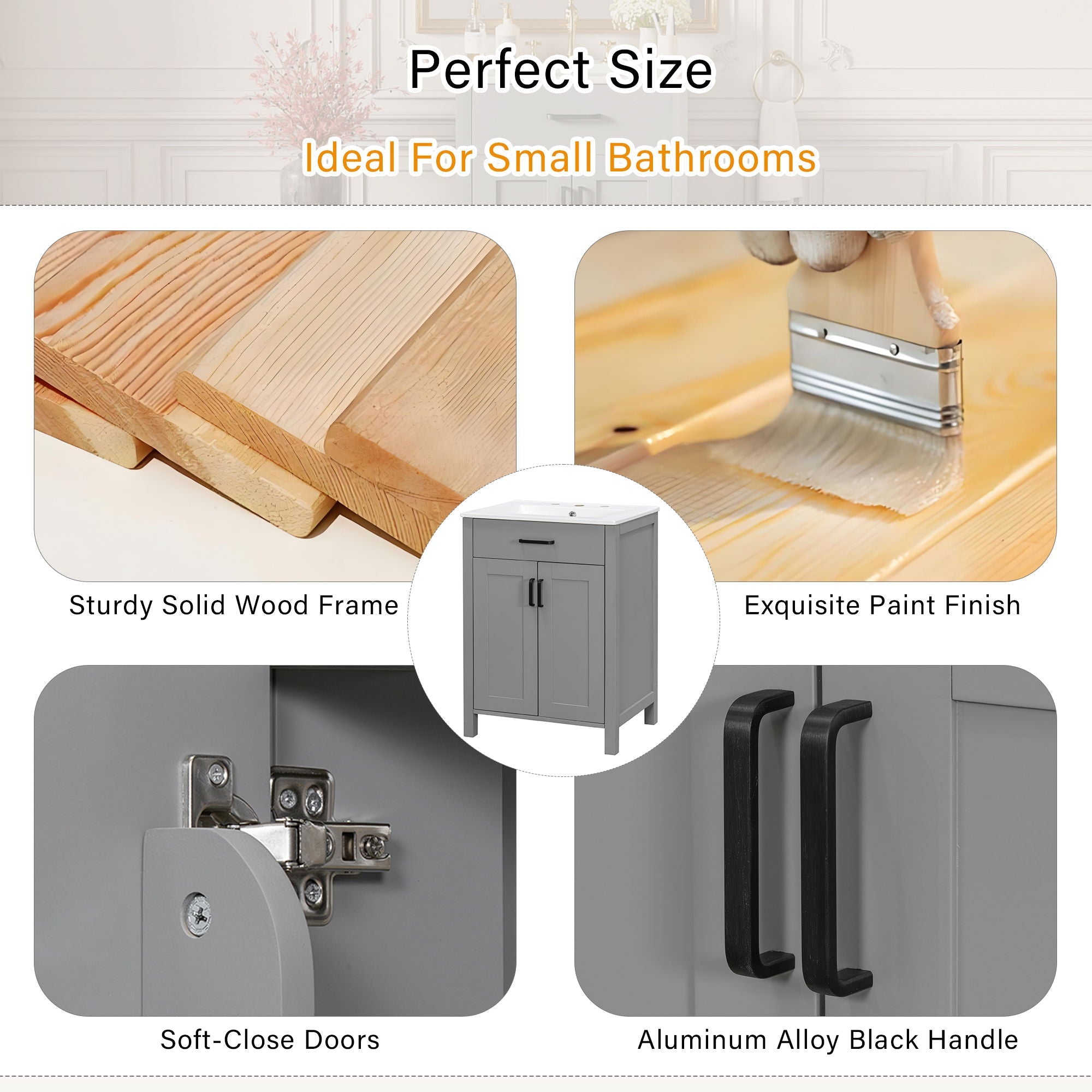 Bathroom Vanity With Ceramic Sink, Soft Close Doors, Flip Drawer, Double Layer Door Shelves by HouseOfZazla