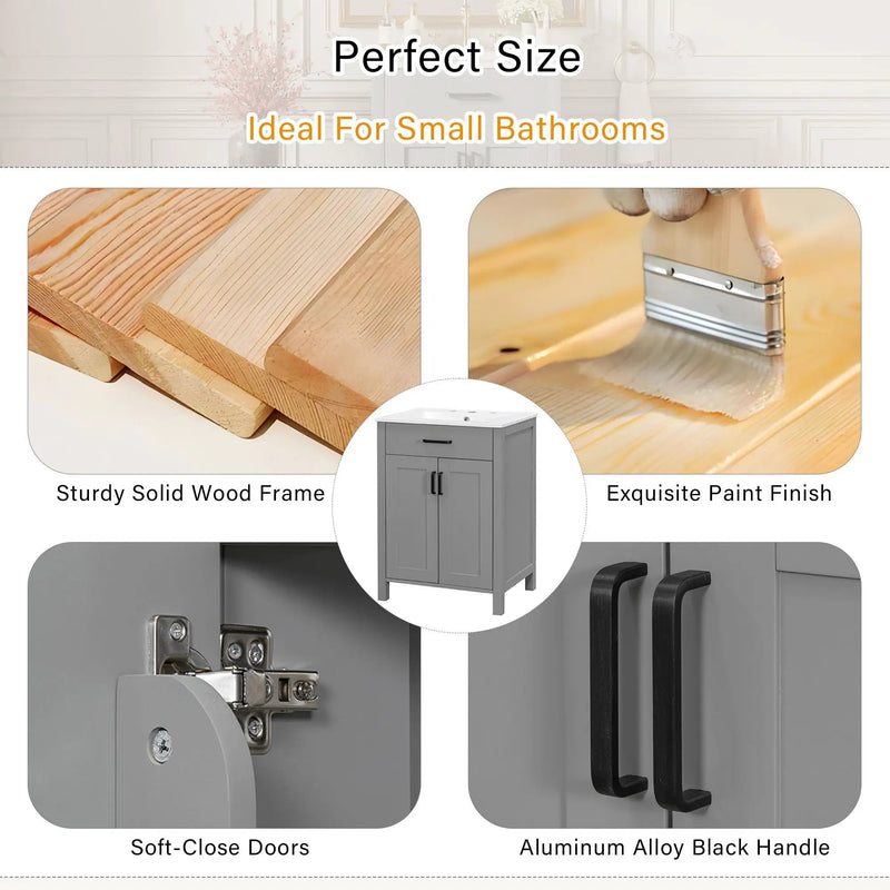 Bathroom Vanity With Ceramic Sink, Soft Close Doors, Flip Drawer, Double Layer Door Shelves by HouseOfZazla