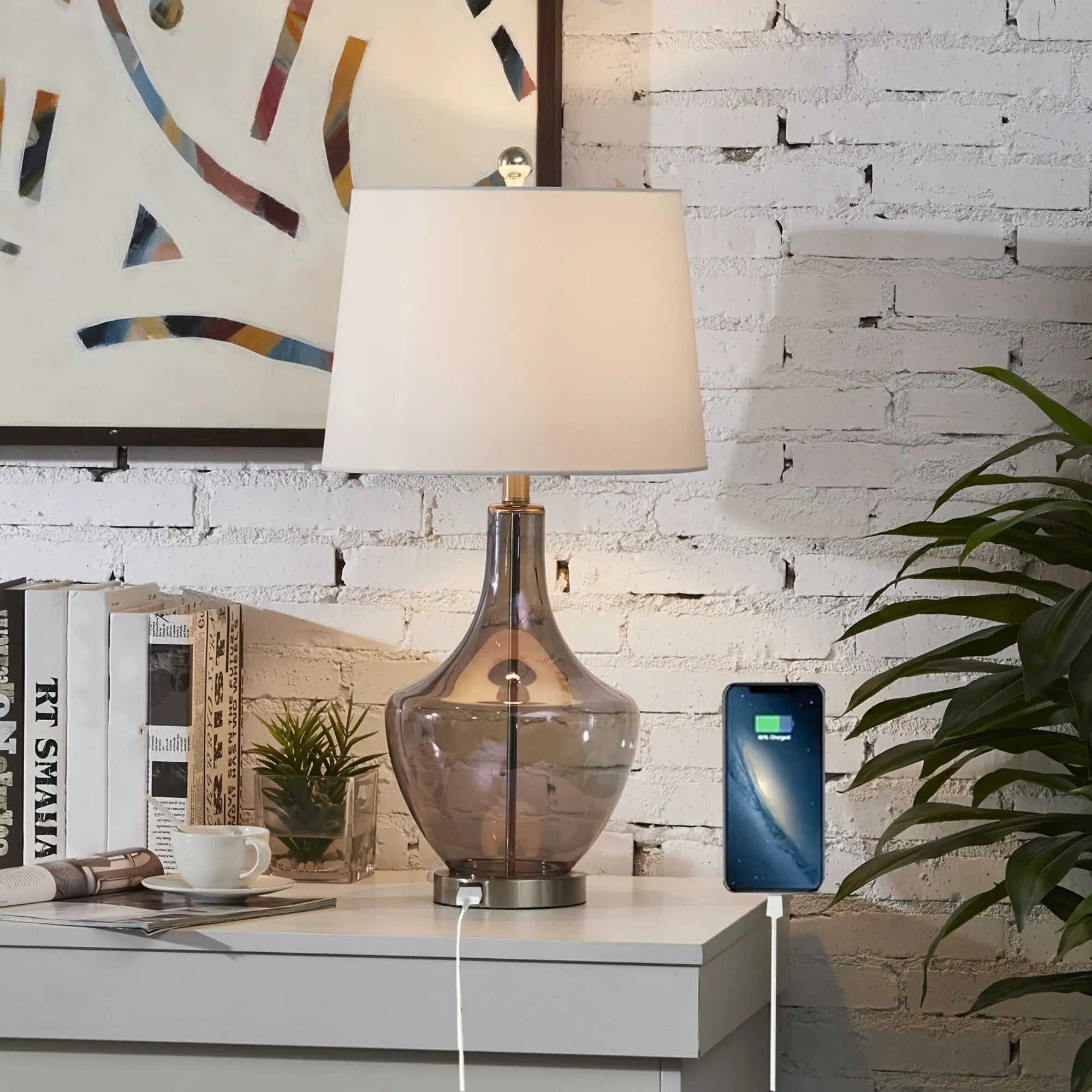 26-Inches Tall Single Glass Table Lamp with USB Charging Port by HouseOfZazla