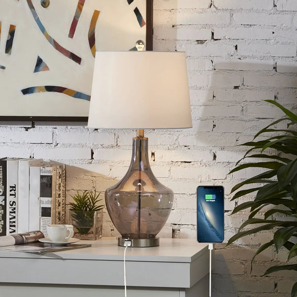 26-Inches Tall Single Glass Table Lamp with USB Charging Port
