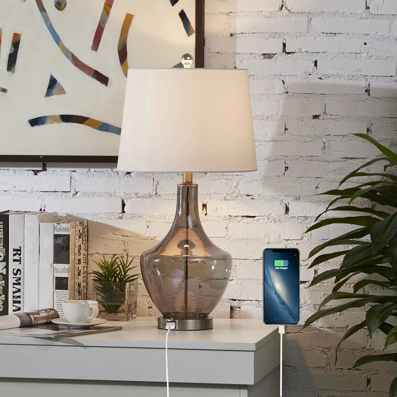 26-Inches Tall Single Glass Table Lamp with USB Charging Port by HouseOfZazla