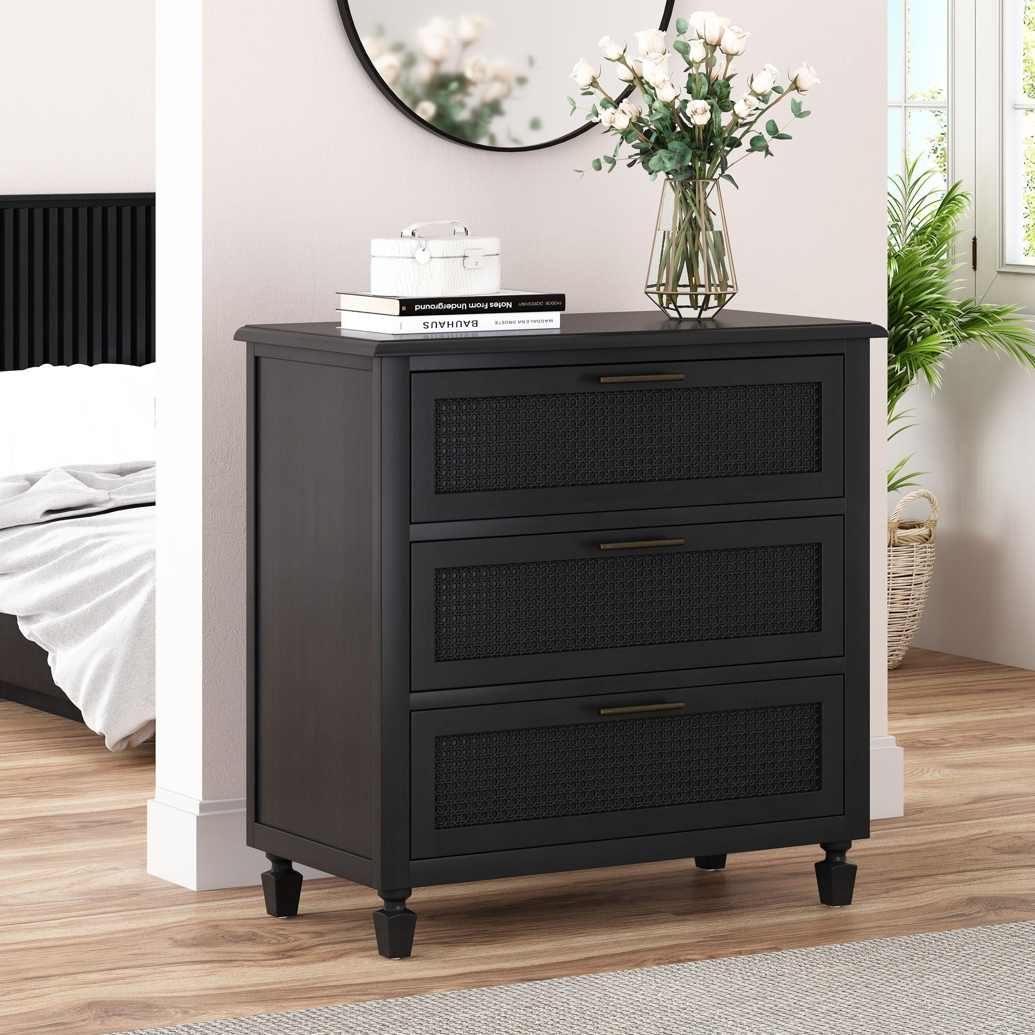 Newell Cane 3 Drawer Dresser - Dark Gray by HouseOfZazla