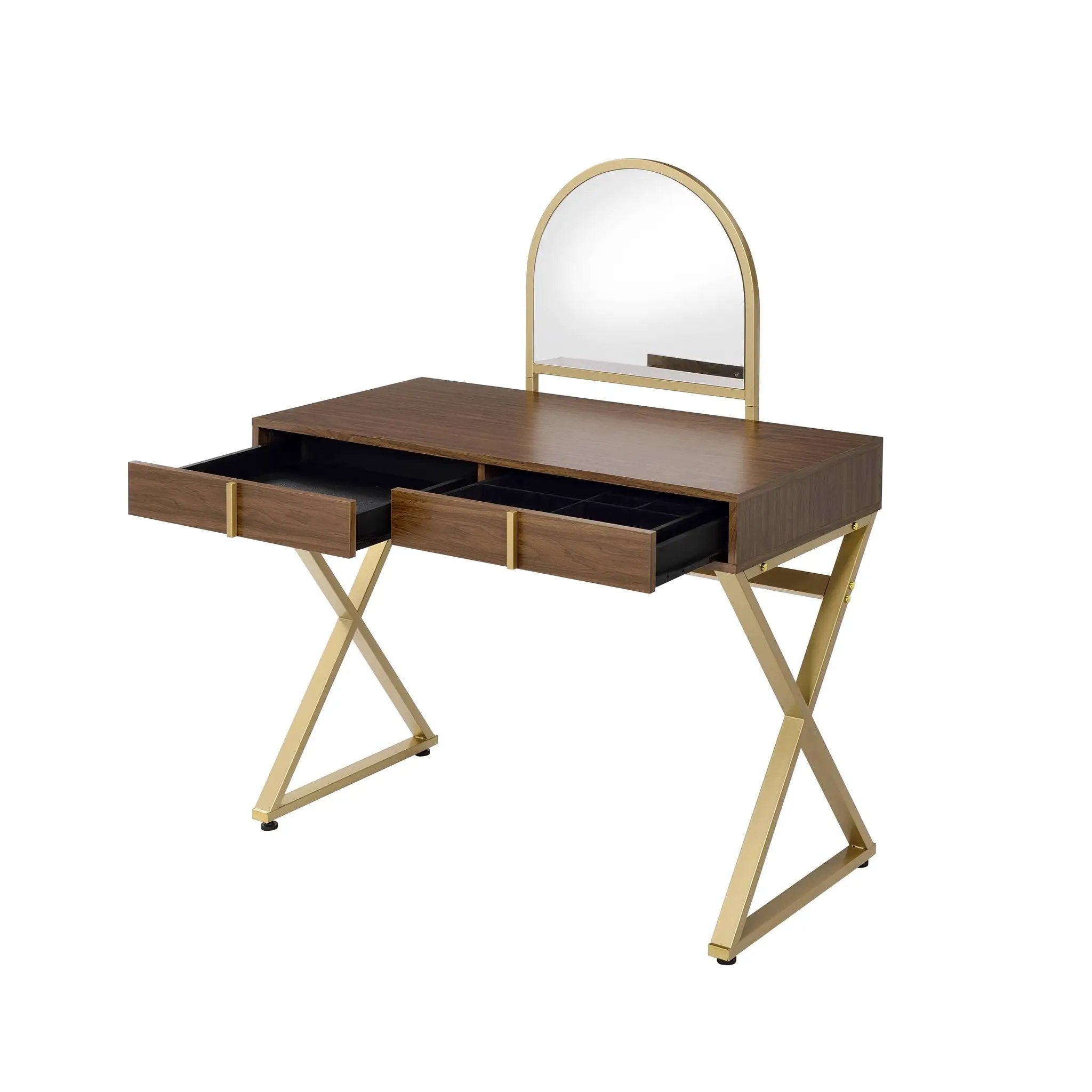 Coleen Walnut & Gold Finish Vanity Desk with Mirror & Jewelry Tray by HouseOfZazla