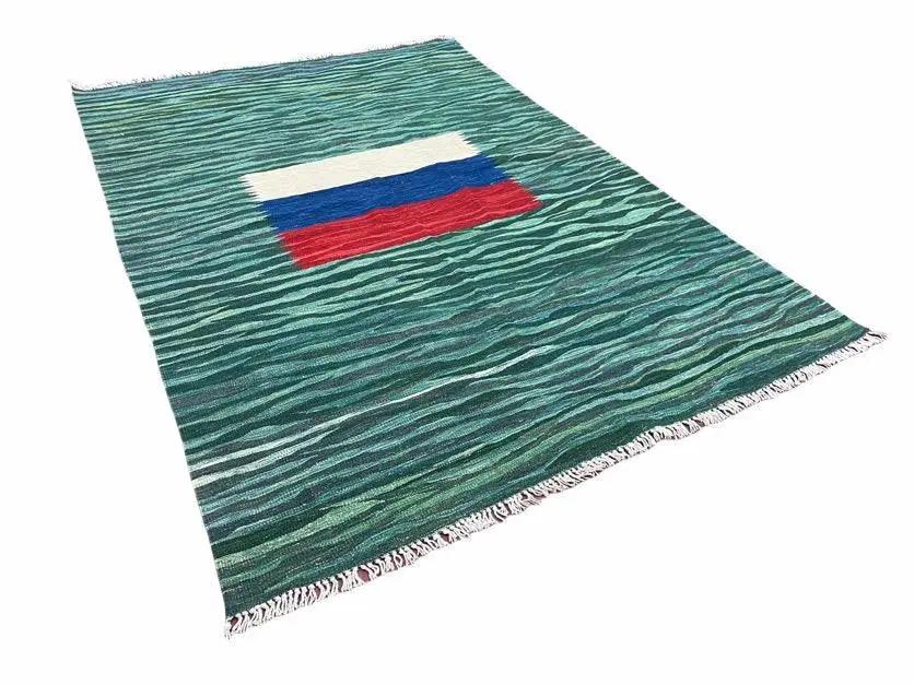 Sea Green Kilim Area Rug, White Blue Red Stripes, Russian Flag Rug, Flatweave Hand Knotted Carpet, Turkish Carpet, Wool, New, 5' 6" x 7' 10" by Jewel Rugs
