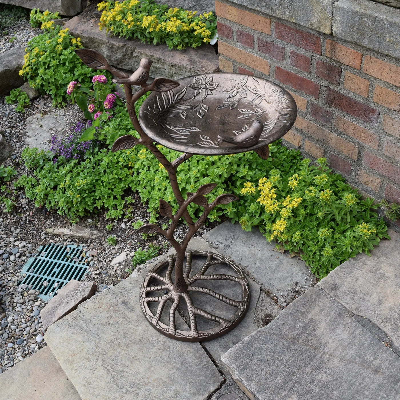 Cast Aluminum 33-in Metal Bird Bath with Branch and Two Birds by Sharicks