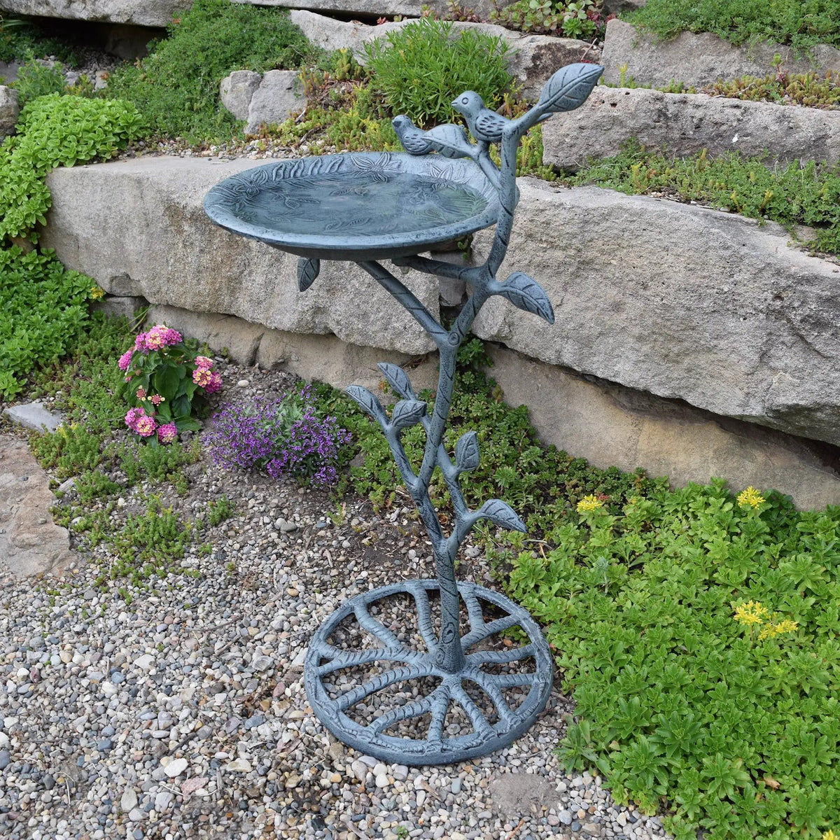 Cast Aluminum 33-in Metal Bird Bath with Branch and Two Birds by Sharicks