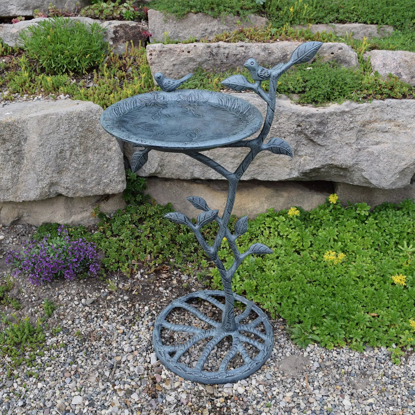 Cast Aluminum 33-in Metal Bird Bath with Branch and Two Birds by Sharicks