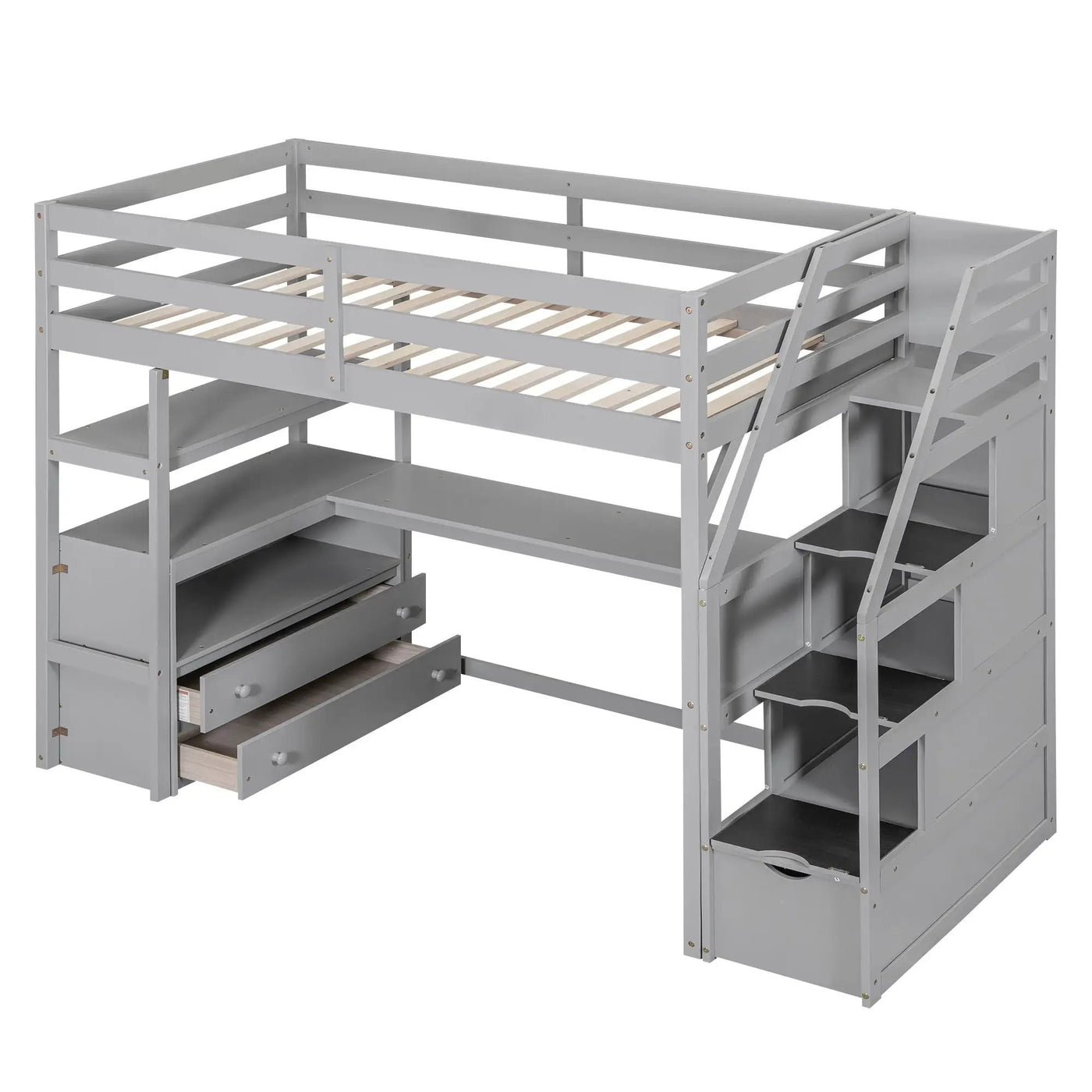 Loft Bed With Desk, Shelves, 2 Drawers, Storage Staircase by HouseOfZazla