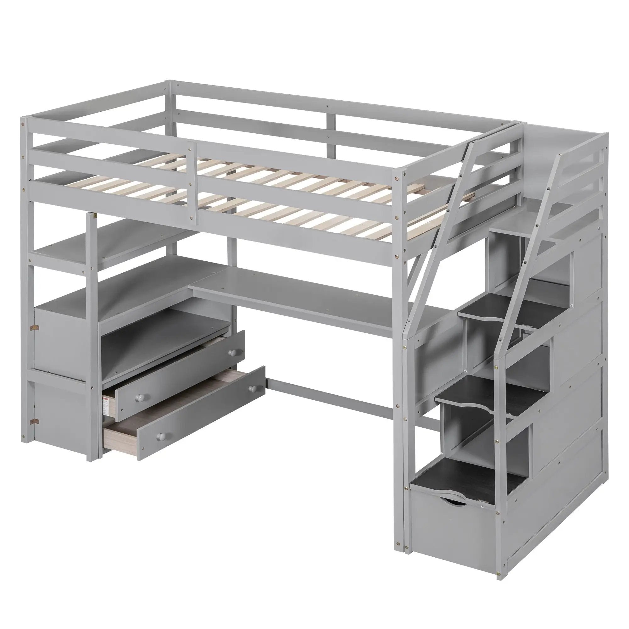 Loft Bed With Desk, Shelves, 2 Drawers, Storage Staircase by HouseOfZazla