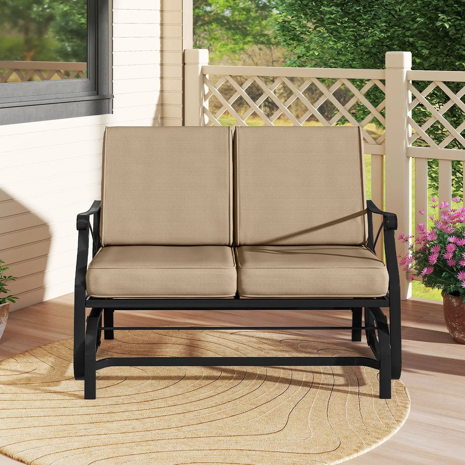 Outdoor 2-Person Glider Rocking Chair Loveseat with Thick Cushions and Metal Frame-Brown by DirectDeals