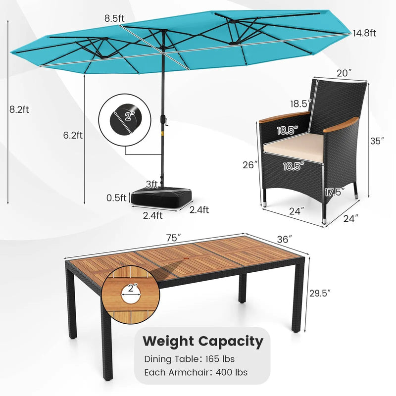 11 Pieces Patio Dining Set with LED Patio Umbrella with Base and Seat Cushions (Beige) by DirectDeals