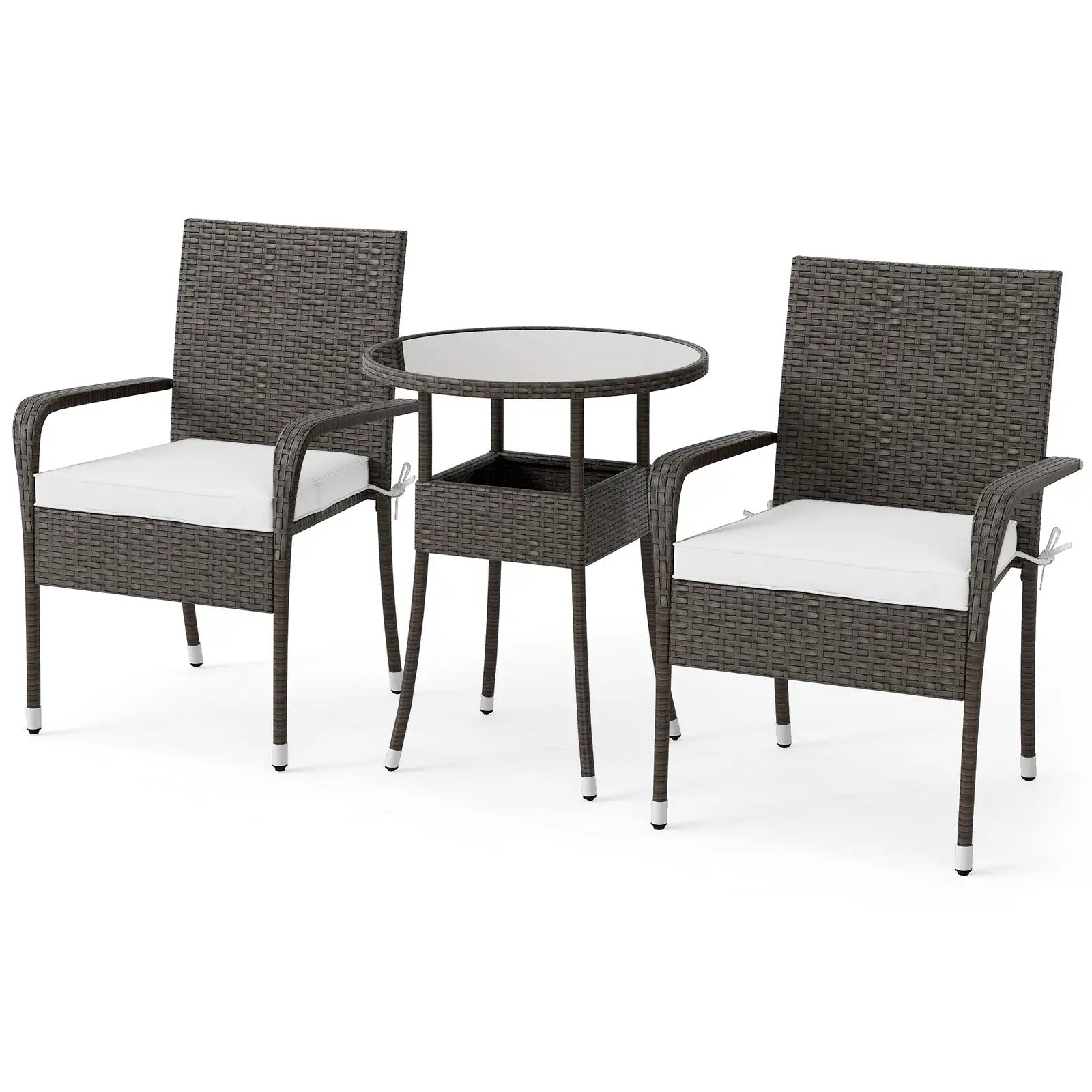 3-Piece Patio Furniture Set PE Rattan Wicker Chairs with Tempered Glass Top Table-White by DirectDeals