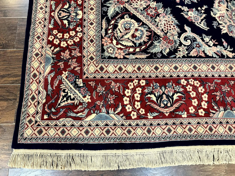 Sino Persian Rug 8x10, Floral Kirman Carpet, Navy Blue and Red, Floral Vases, Handmade Vintage Wool Carpet, 320 KPSI by Jewel Rugs