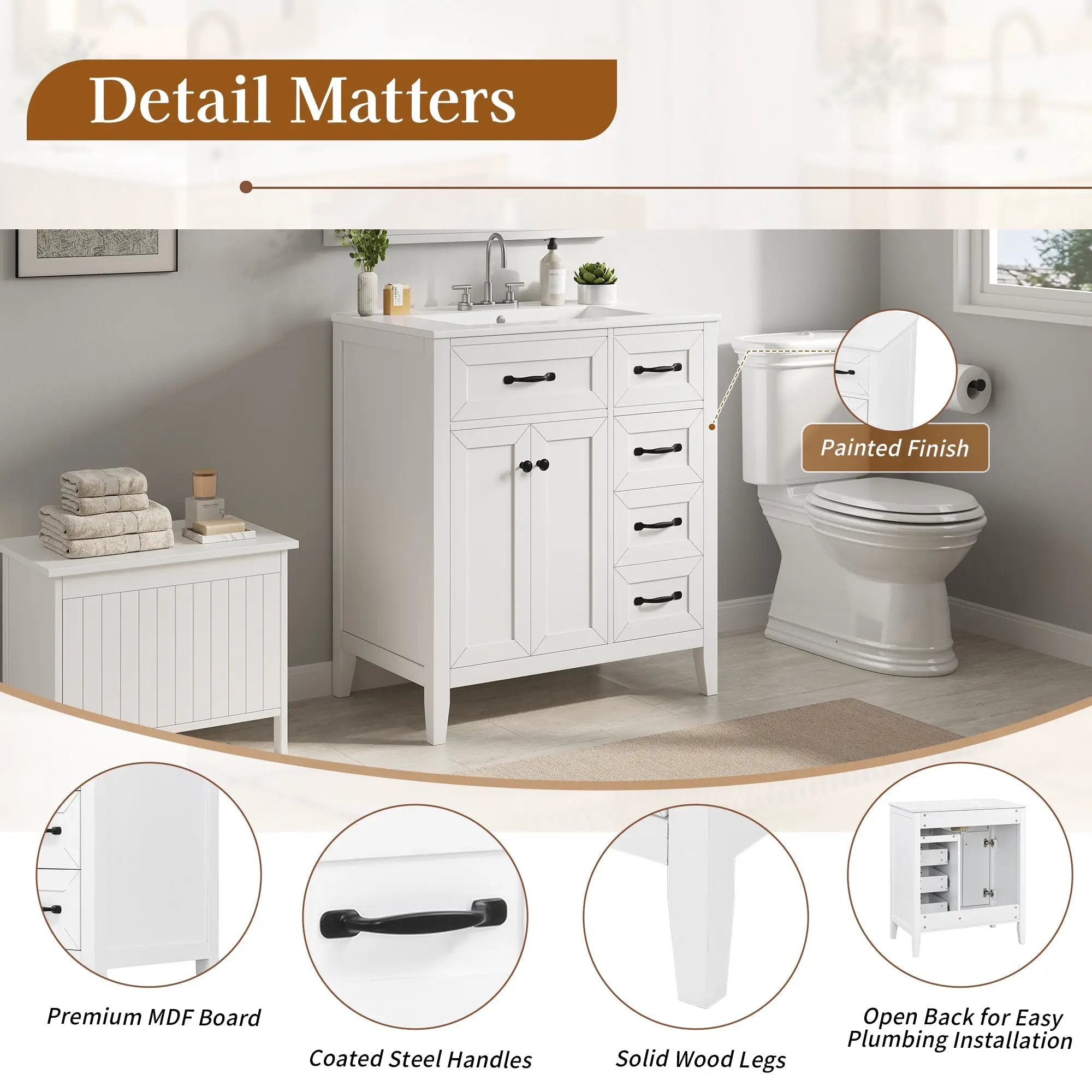 30" White Bathroom Vanity with Ceramic Sink by HouseOfZazla