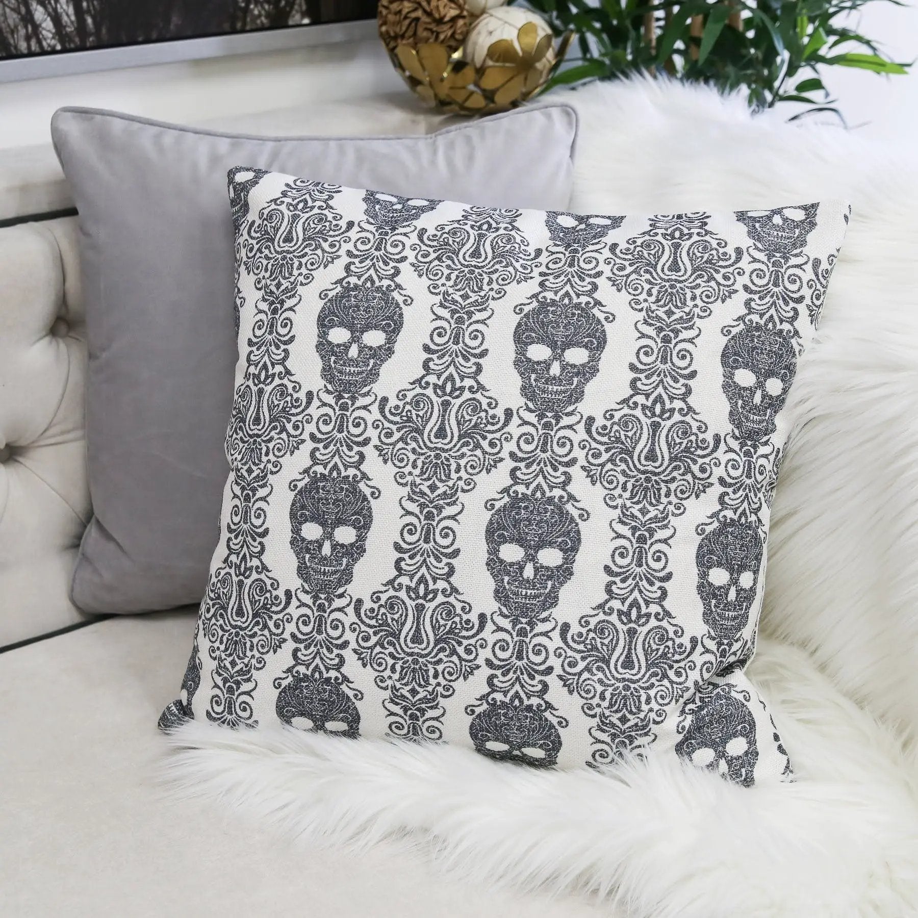 Gothic Damask Skull Throw Pillow – Black & White Cotton Linen by HouseOfZazla