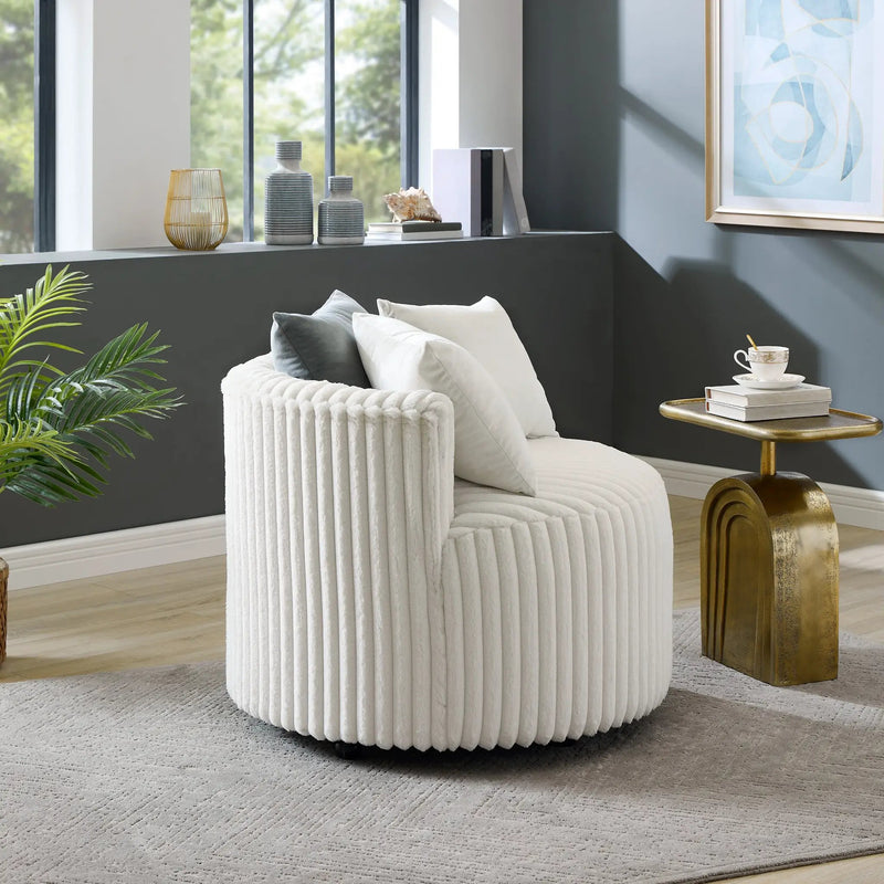 Malna Plush Wide Wale Corduroy Upholstered Barrel Accent Chair with Wheels by HouseOfZazla