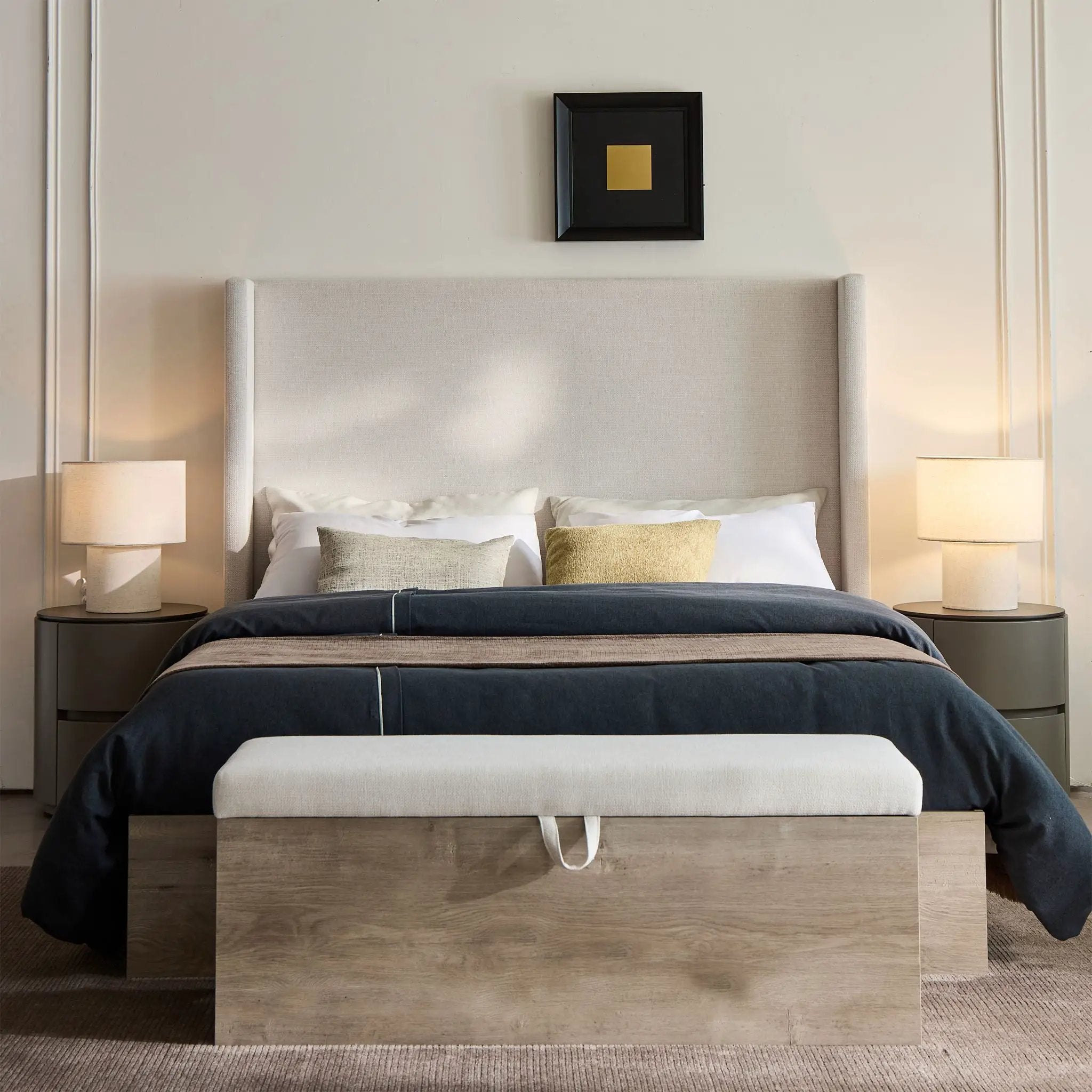 Shelton - Queen Upholstered Wingback Bed With 54" High Headboard - Ivory / Light Gray / Camel Oak by Unique Piece Furniture