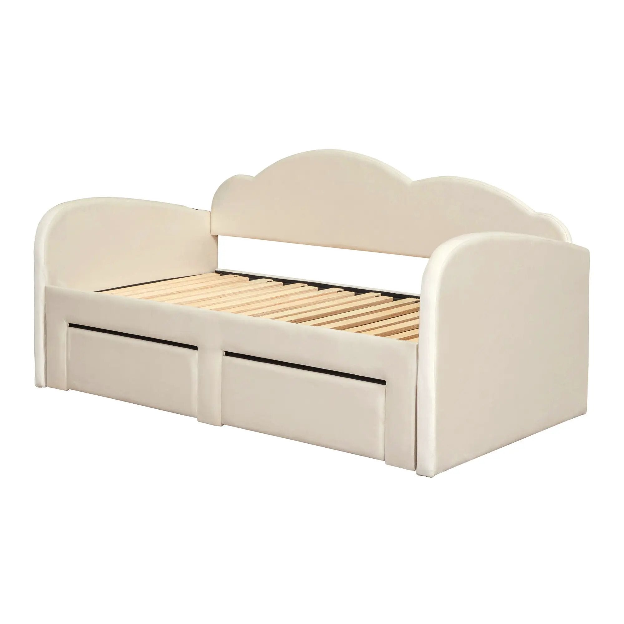 Upholstered Daybed With Cloud-Shaped Backrest, Trundle & 2 Drawers And USB Ports by HouseOfZazla