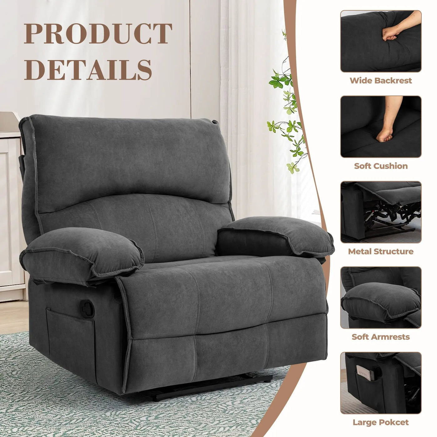 Oversized Manual Recliner Chair Sofa For Living Room by Unique Piece Furniture