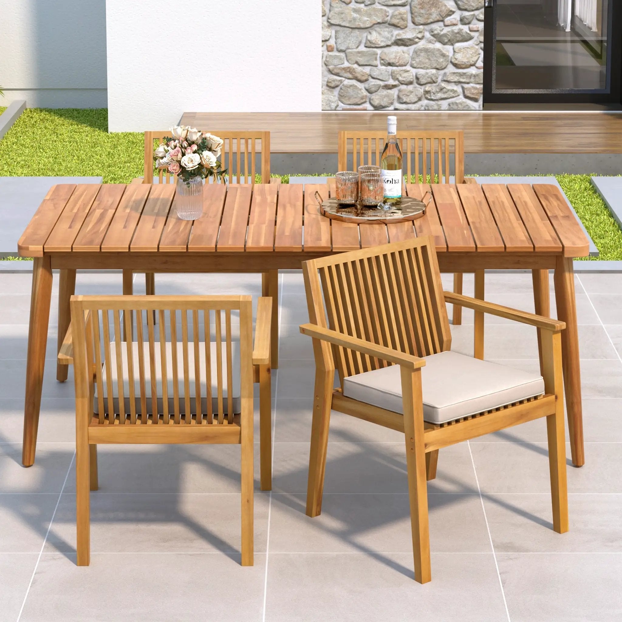 5-Piece Acacia Wood Outdoor Dining Set, Patio Table & Chairs with Removable Cushions by HouseOfZazla