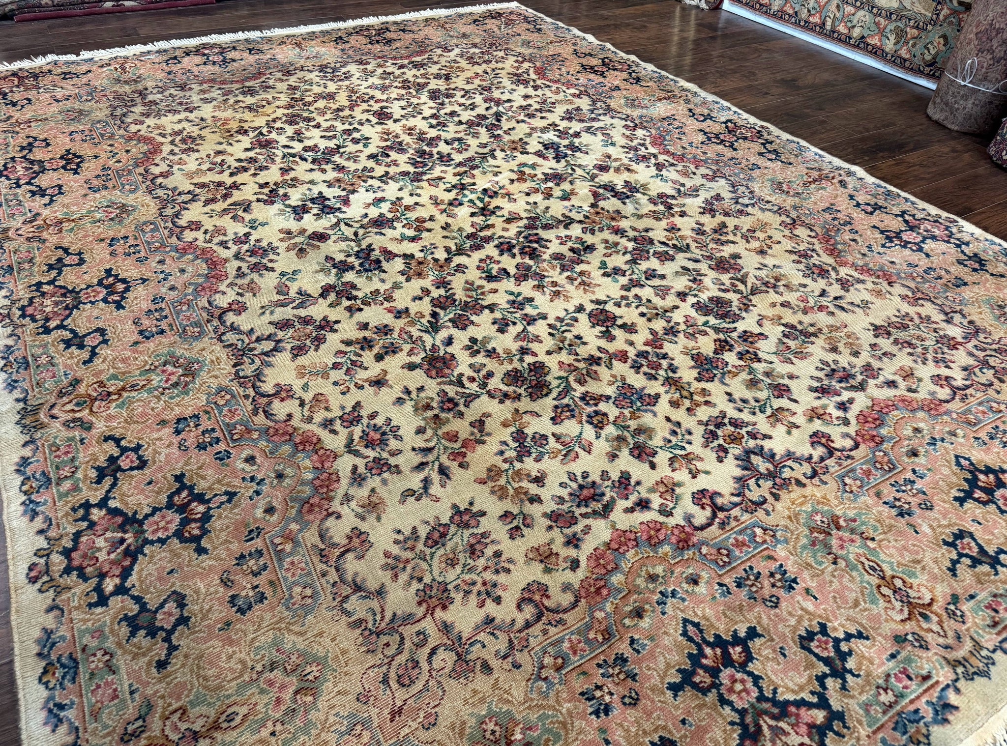 Antique Karastan Rug 8.8 x 12 Lanamar Floral Ivory Kirman Wool Discontinued by Jewel Rugs