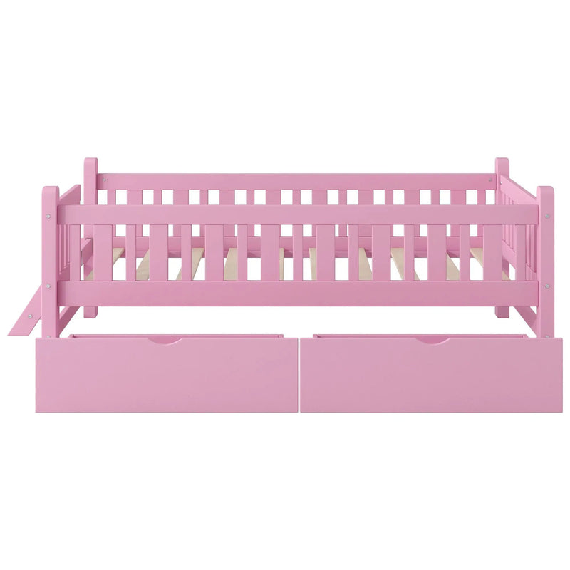 Platform Bed With Guardrail And 2 Drawers