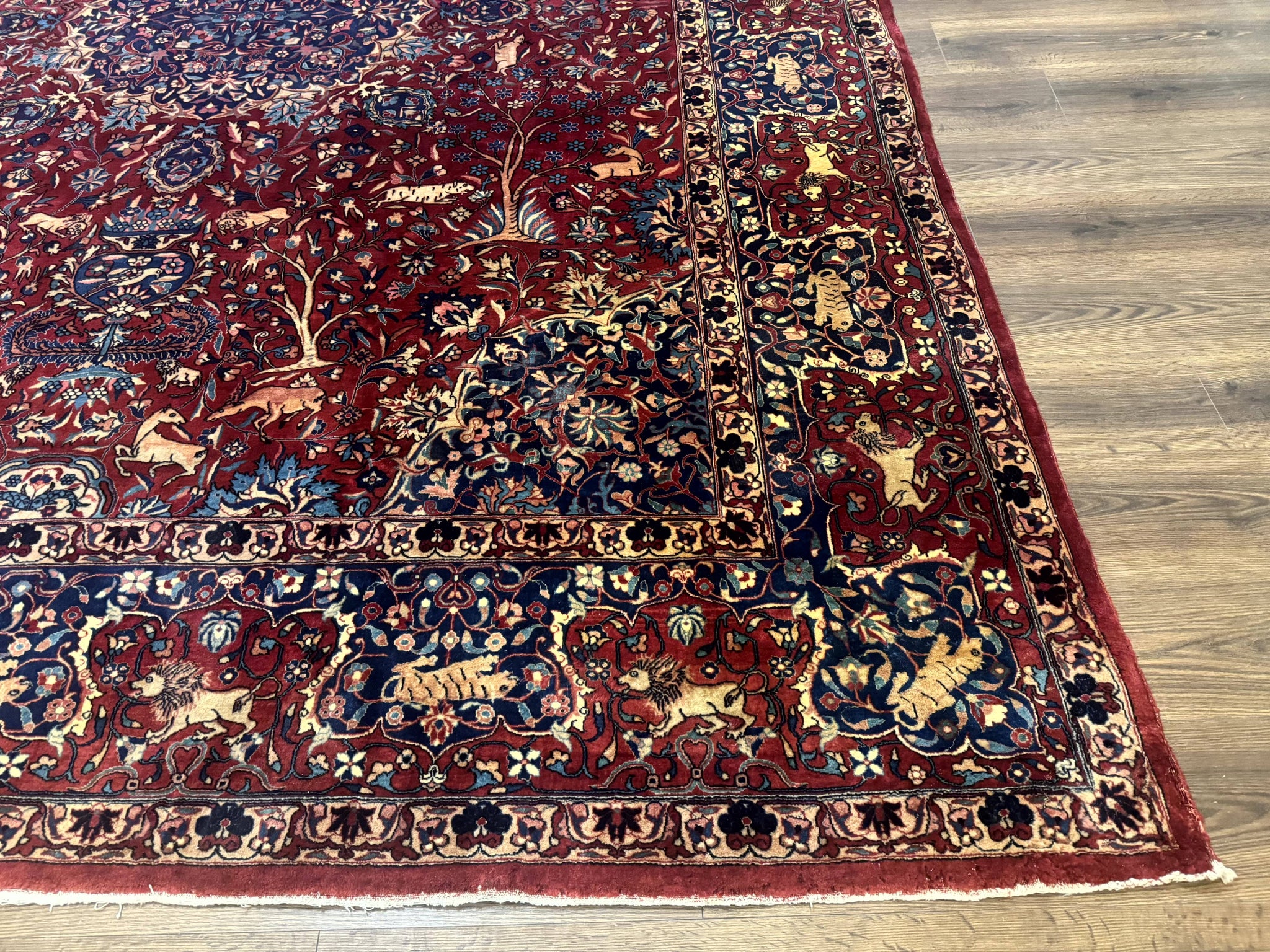 Antique Indo Persian Kerman Rug 9x12 Red Manchester Wool Animal Pictorials, Fine 290 KPSI by Jewel Rugs