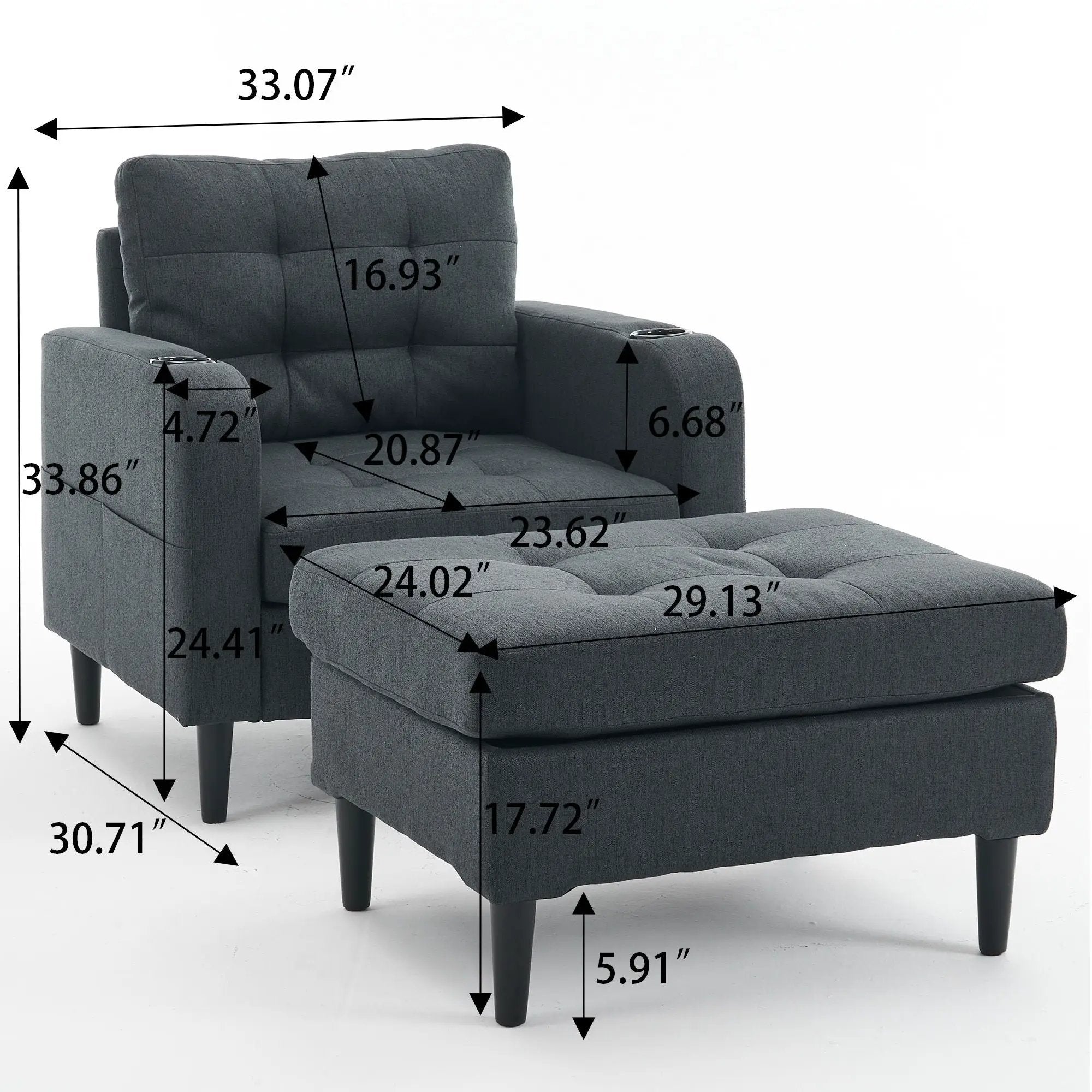Upholstered Armchair And Storage Ottoman Set, Comfortable Single Sofa With Cup Holders And Tufted Detailing, Ideal For Living Room Or Bedroom by HouseOfZazla