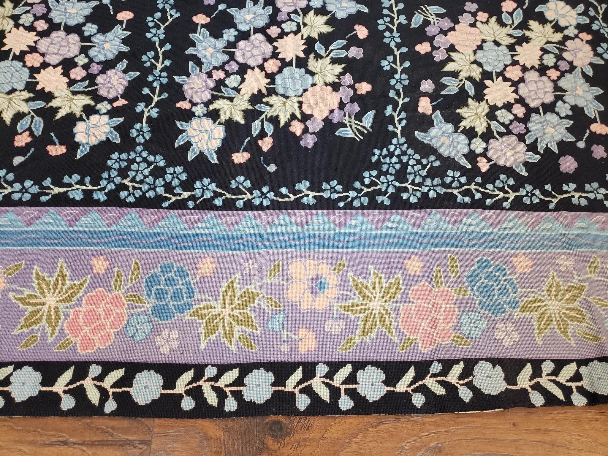 Chinese Needlepoint Rug 8 x 11.4, Hand-Woven Area Carpet, Flatweave Rug, Black Blue Light Violet Floral Garden European Design Wool Aubusson by Jewel Rugs
