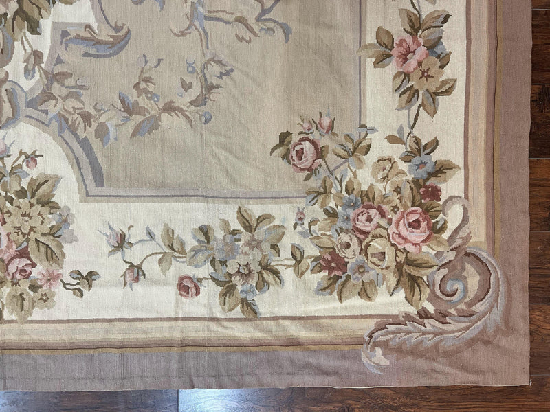 Aubusson Needlepoint Rug 9x12, VIntage Handmade Wool Beige Floral European Elegant Rug 9 x 12, Floral Roses by Jewel Rugs