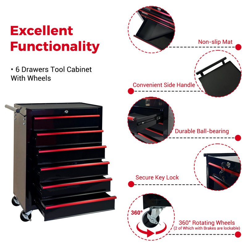 Rolling Metal Tool Chest with 6 Drawers - Black by HouseOfZazla