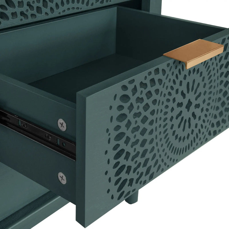 Hollow Carved 3 Drawer Dresser With Metal Handles, Storage Chest For Living Room Or Bedroom - Blackish Green by HouseOfZazla