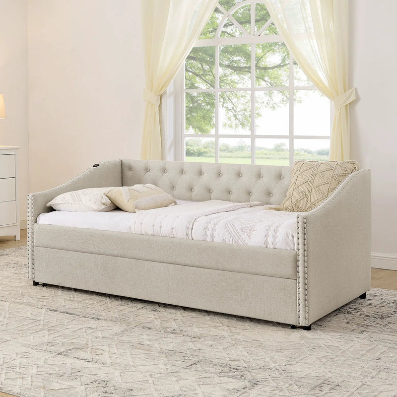 Upholstered Daybed With USB Charging & Pull Out Bed