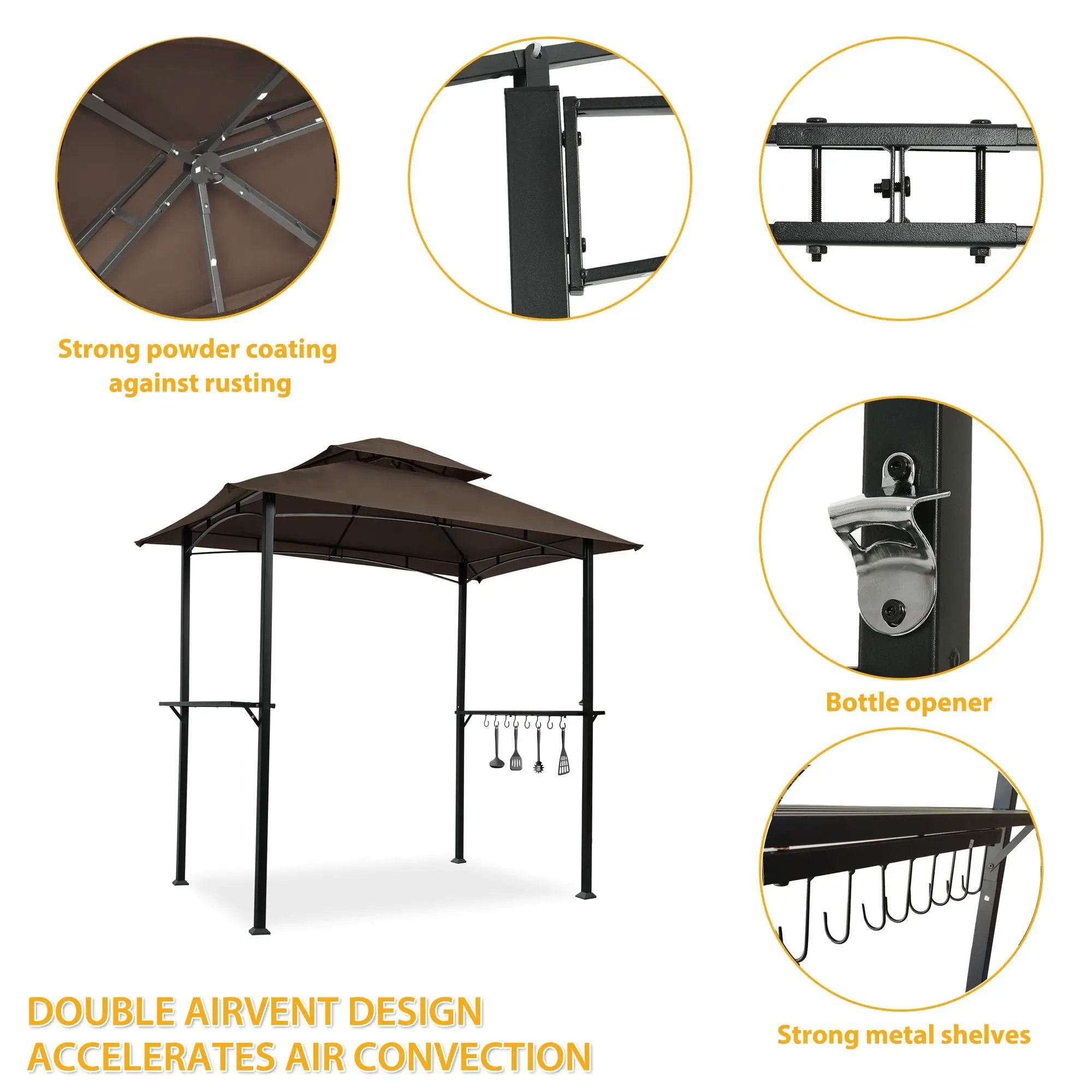 Outdoor Grill Gazebo With Double Tier Soft Top Canopy, Steel Frame, Bar Counters & Hook by Unique Piece Furniture