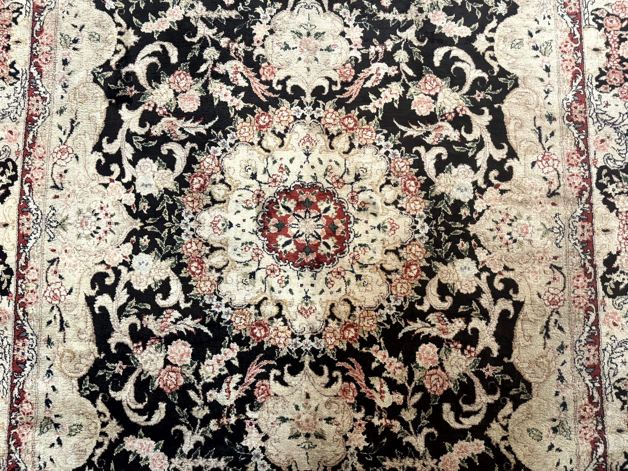 Indian Kashmiri Silk Rug, Floral Medallion, Vintage Hand Knotted Carpet by Jewel Rugs