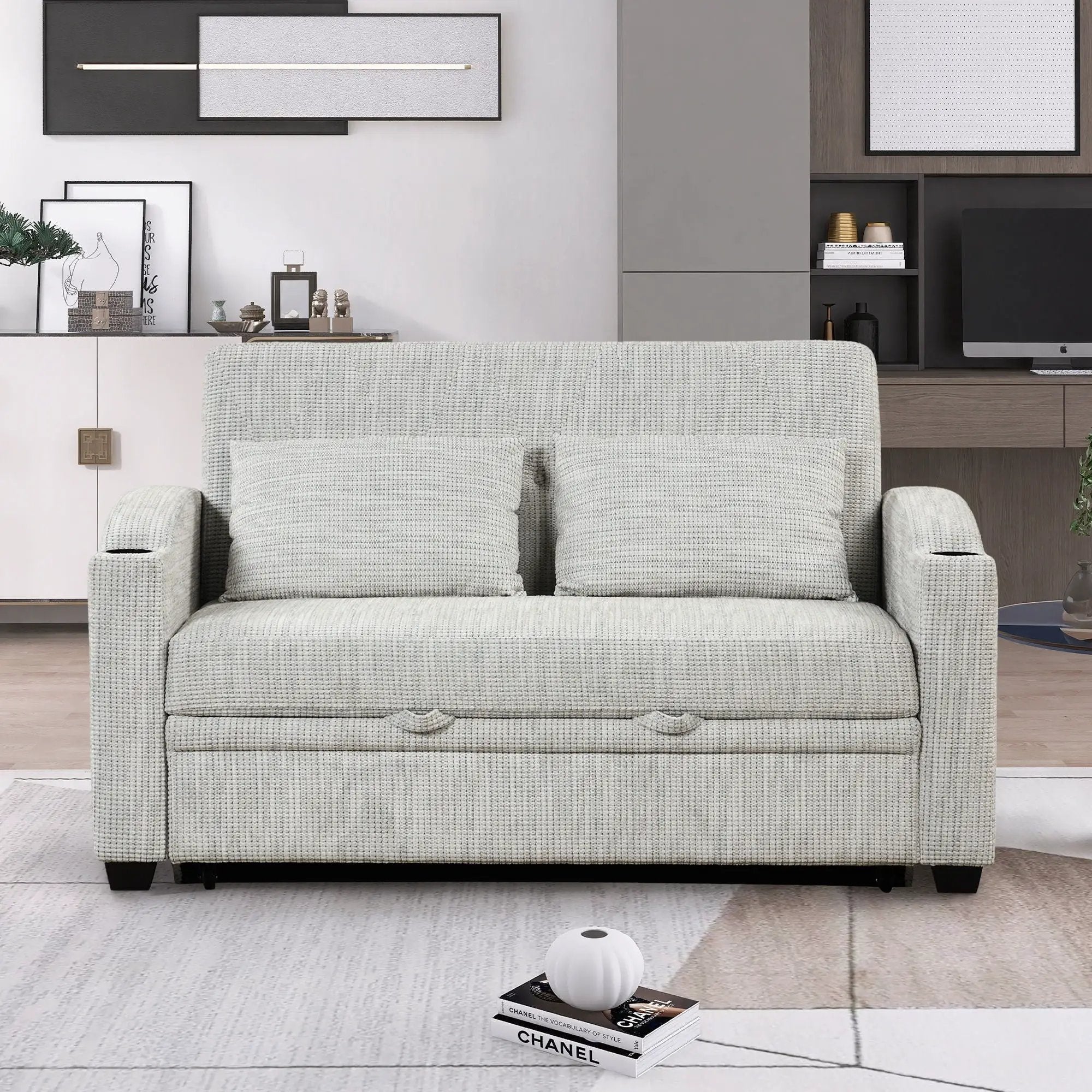 Pull Out Loveseat Sofa With Adjsutable Backrest, 2 Pillows, Cup Holders, USB Ports For Living Room by HouseOfZazla