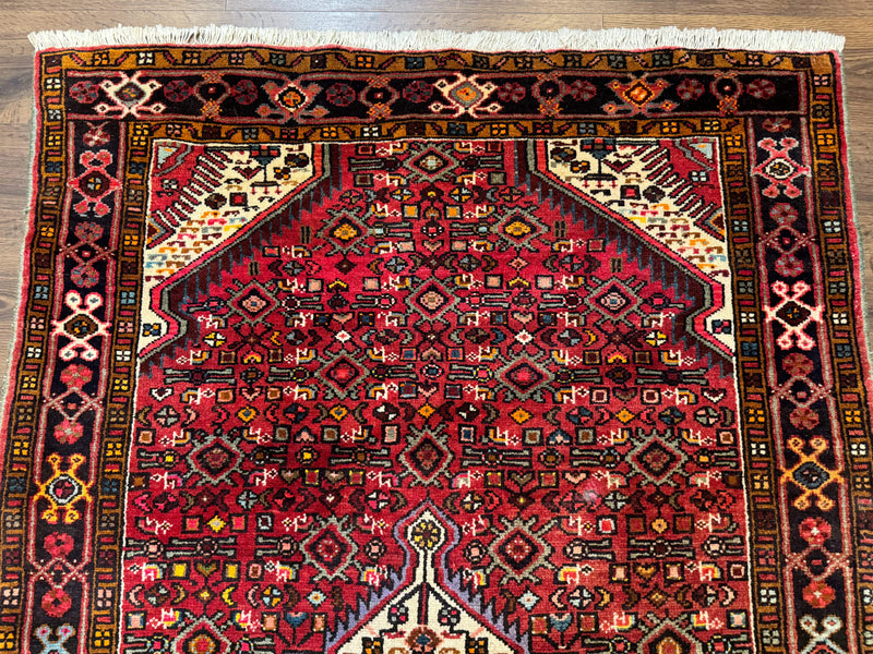 Persian Hamadan Rug 4x7, Tribal Village Malayer Carpet, Red and Ivory, Bohemian Antique by Jewel Rugs