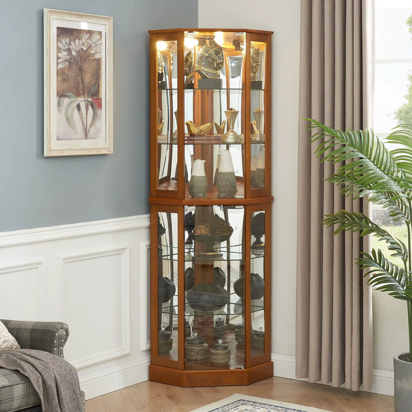 6 Shelf Corner Curio Display Cabinet With Lights, Mirrors And Adjustable Shelves (E26 Light Bulb Not Included) by Unique Piece Furniture