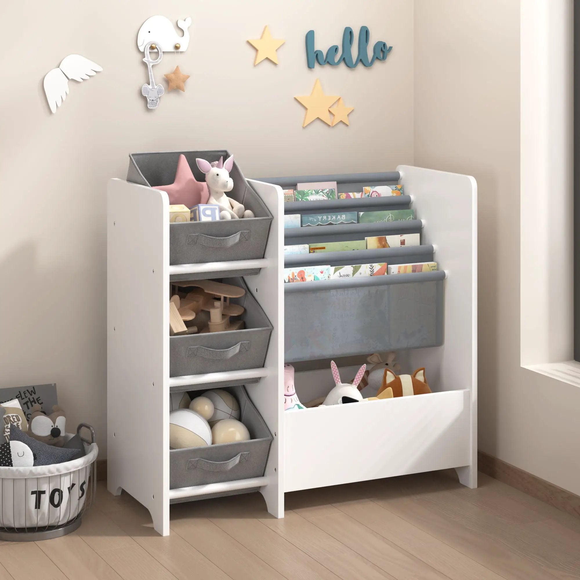 Bookshelf And Toy Storage Organizer, Multifunctional 4 Tier With 3 Collapsible Drawers - White by HouseOfZazla